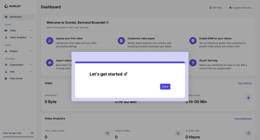 Gumlet
			 modal screen settings dashboard sidebar navigation onboarding video management account setup analytics dashboard onboarding modal dashboard overview getting started coming soon bulk import bulk upload sidebar personal space setup progress bar analytics ui page example