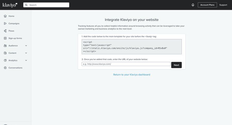 Klaviyo
			 e-commerce sidebar navigation account settings marketing automation integration setup instructions dashboard notification sidebar setup navigation bar integration newsletter signup code snippet marketing analytics ui page example