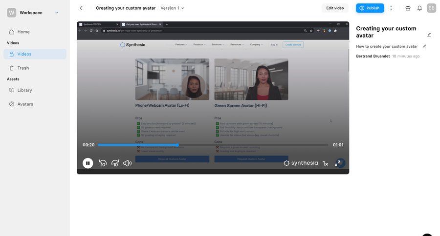 Synthesia
			 video management split screen video player sidebar menu assets progress bar modern media player ui page example
