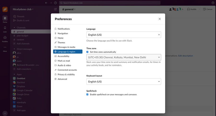 Slack
			settings language settings account settings settings sidebar navigation form user settings radio group sidebar preferences communication chatbot localization ui page example