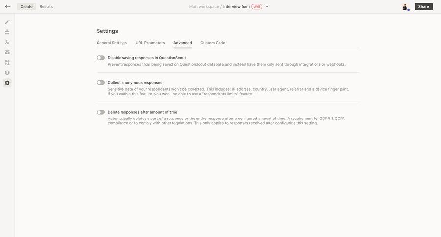 QuestionScout
			 data management configuration settings sidebar setup data privacy webhook integration ui page example