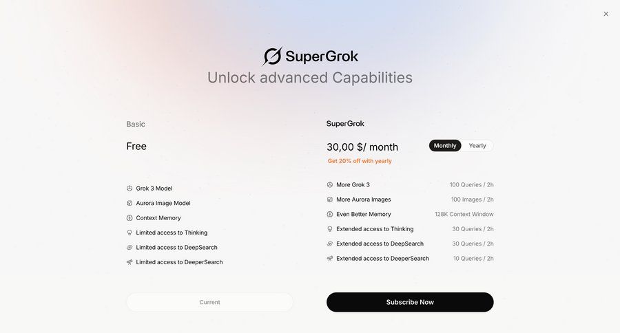 Grok
			 artificial intelligence plan comparison payment history call to action service plans pricing plans subscription plans price payment options premium product packages payment page payment confirmation pricing packages pricing calculator ui page example