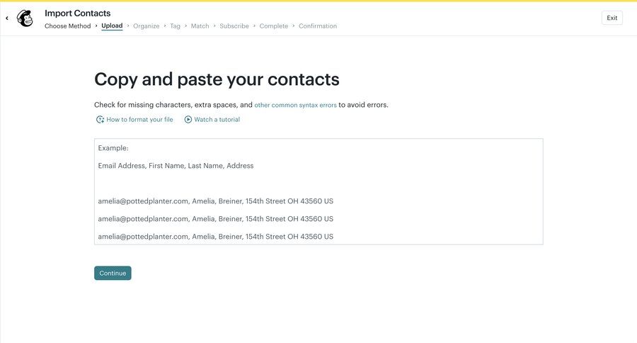 Mailchimp
			 data entry bulk upload email marketing ui page example
