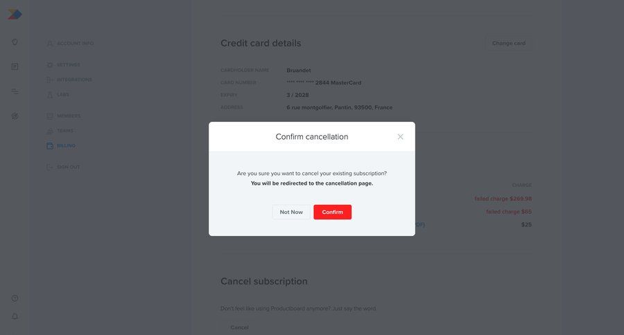 Productboard
			modal & popover cancel subscription settings account management grid subscription management confirmation message ui page example
