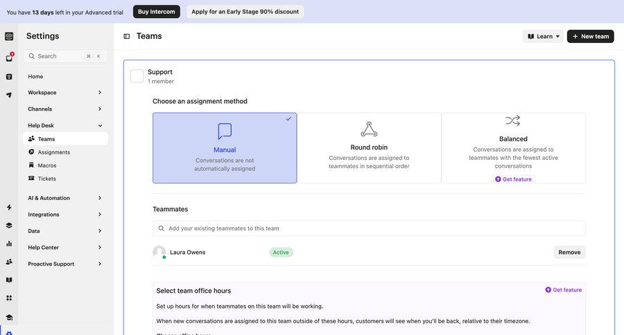 Intercom
			 configuration settings team collaboration sidebar navigation form workflow automation save changes cancel trial setup advanced search timezone selector customer support chat ui page example