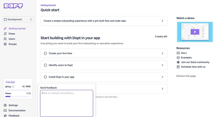 Dopt
			modal & popover share feedback sidebar navigation onboarding form user feedback getting started free plan sidebar quick actions progress bar ui page example