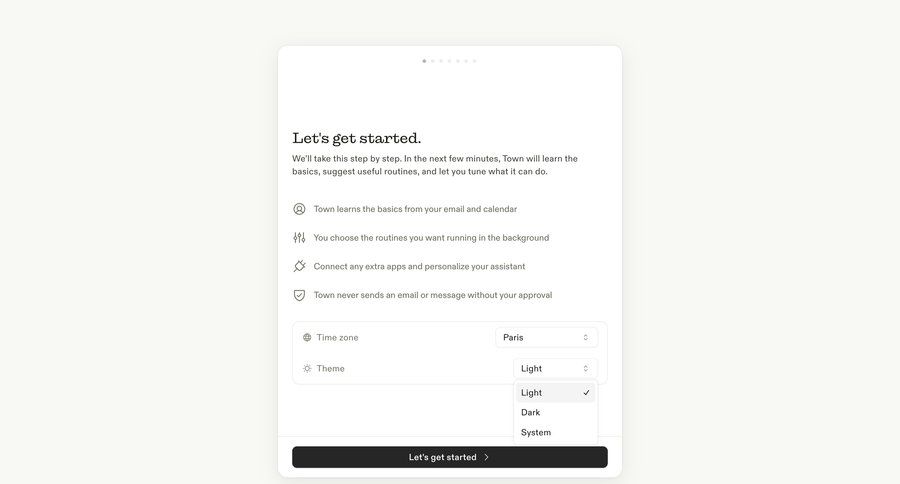 Town
			 account setup getting started ui page example