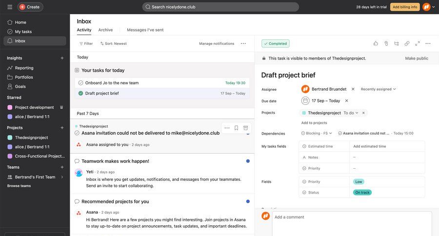 Asana
			 task management team collaboration sidebar navigation project management modal dialog project tracking inbox send invitation sidebar alert message system notification push notification notification center messages menu ui page example