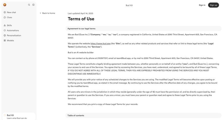 Bud
				terms & conditions ui page example