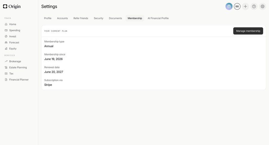 Origin Financial
			settings billing account settings team settings account settings subscription management ui page example