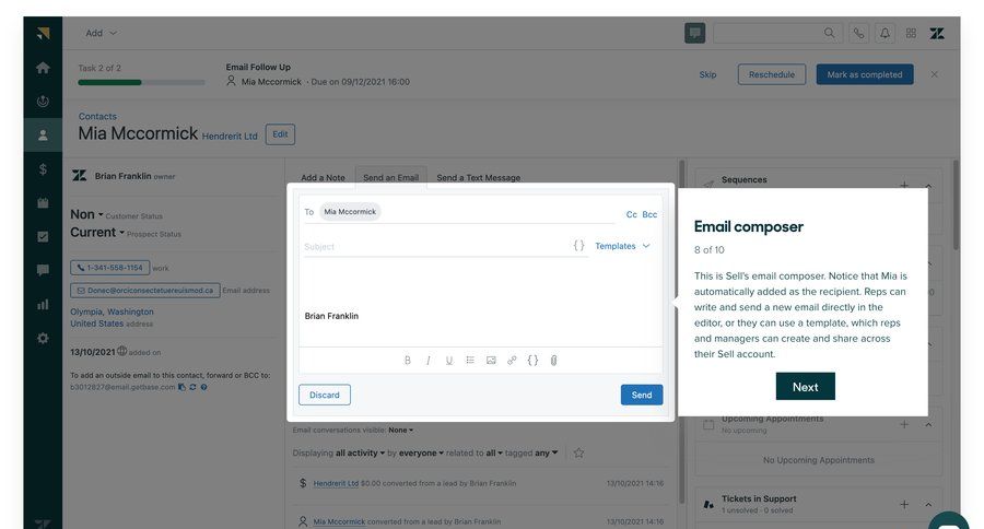 Zendesk
			 task management onboarding form email compose email tutorial guide communication guided tour ui page example