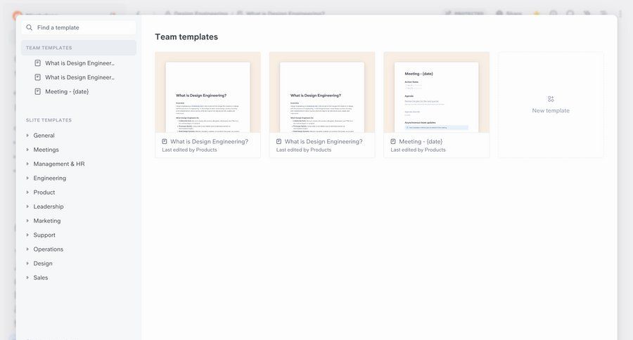 Slite
			 sidebar navigation grid templates template selection menu ui page example