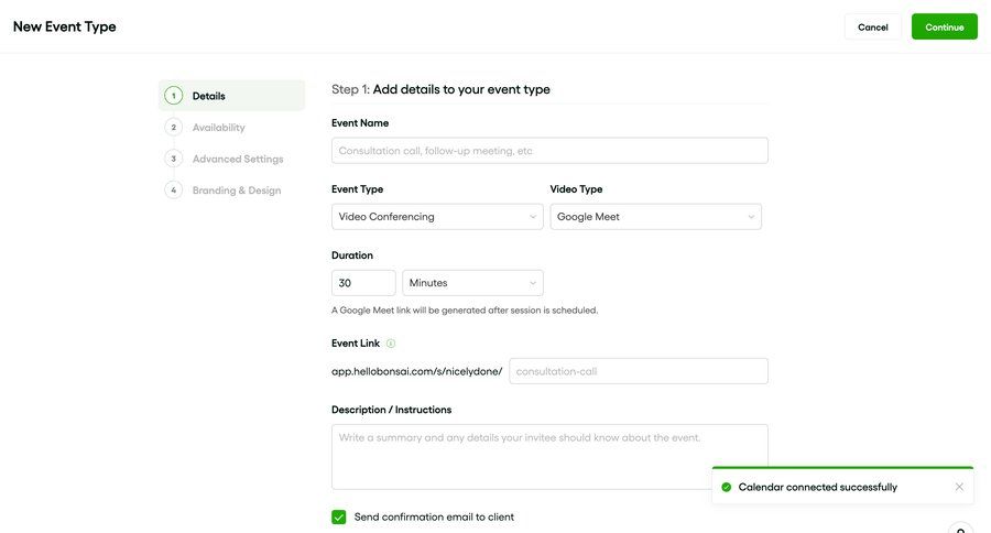 Bonsai
			 modal screen configuration form calendar management new create setup time selector email confirmation time management event management ui page example