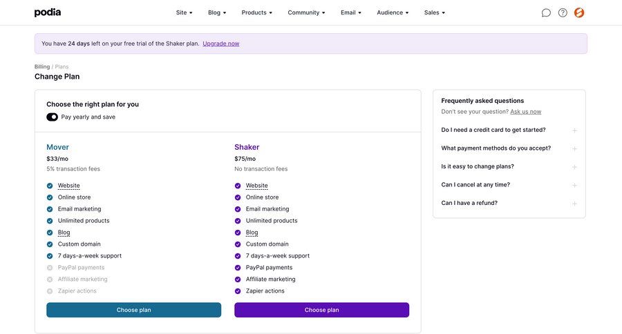 Podia
			 subscription management plan comparison payment method free trial payment history cancel trial service plans pricing plans subscription plans price payment options premium product packages features payment page table accordion payment confirmation pricing packages pricing calculator ui page example