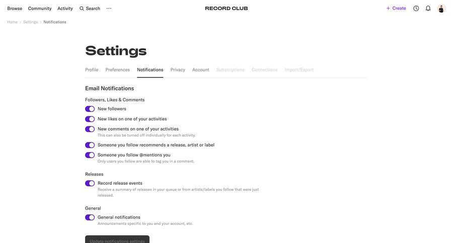 Record club
			notification settings settings onboarding account setup alert message announcement notification settings ui page example