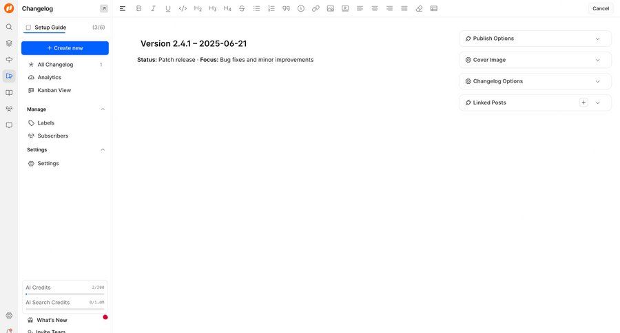 FeatureOS
			 content management sidebar navigation editor full-screen layout sidebar create menu changelog accordion version control ui page example