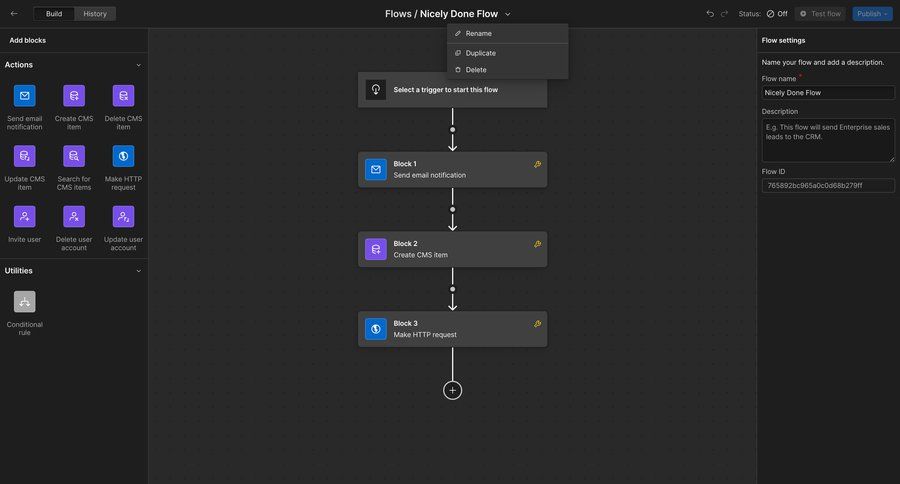 Webflow
			 workflow automation workflow automation marketing automation drag and drop workflow editor sidebar create menu integration modern ui page example