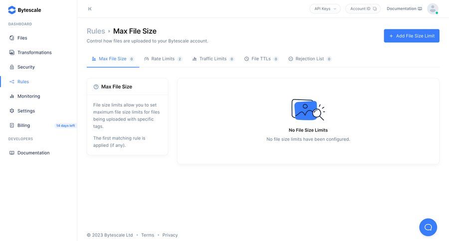 Bytescale
			 modern sidebar settings data management dashboard file management sidebar navigation account settings configuration avatar upload data governance empty state illustration ui page example