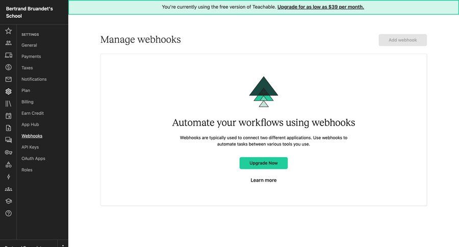 Teachable
			 configuration settings sidebar navigation account management automation account settings call to action sidebar webhook management ui page example