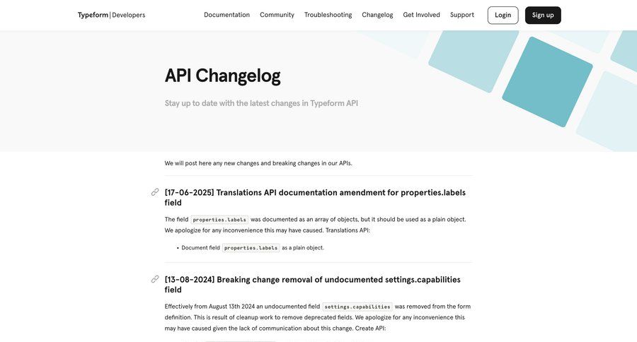 Typeform
				changelog ui page example