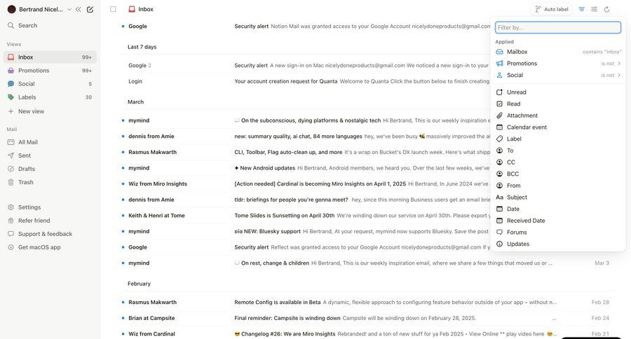 Notion Mail
			 search bar filter options email automation sidebar navigation lists filter dropdown filter controls email management advanced search inbox filter ui ui page example