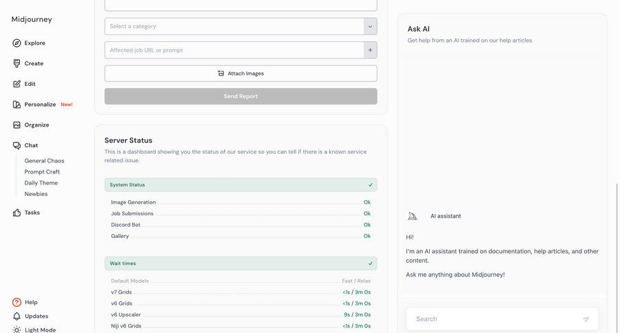 Midjourney
			 dashboard sidebar navigation artificial intelligence grid form sidebar monitoring chatbot ui page example