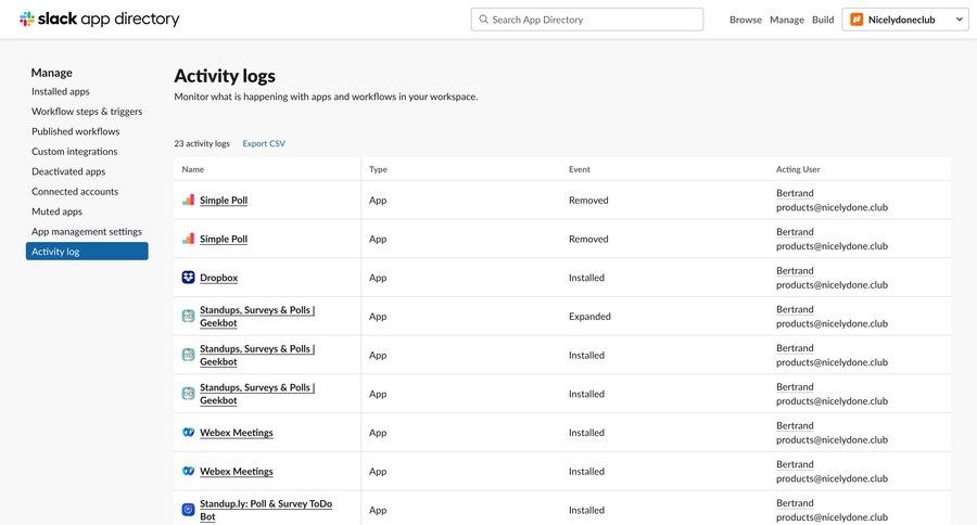 Slack
			 sidebar navigation data export exporting data activity tracking data display sidebar monitoring recent activity social feed newsfeed activity stream table chatbot ui page example