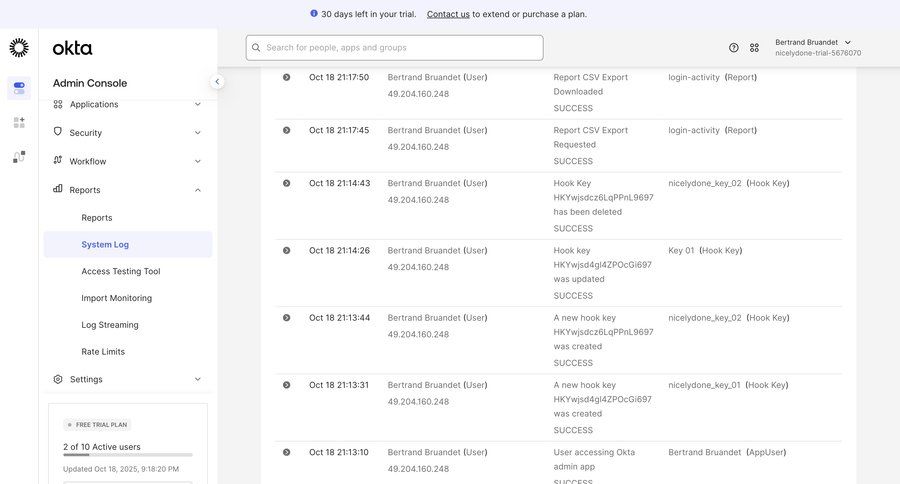 Okta
			 trial banner audit log activity stream ui page example