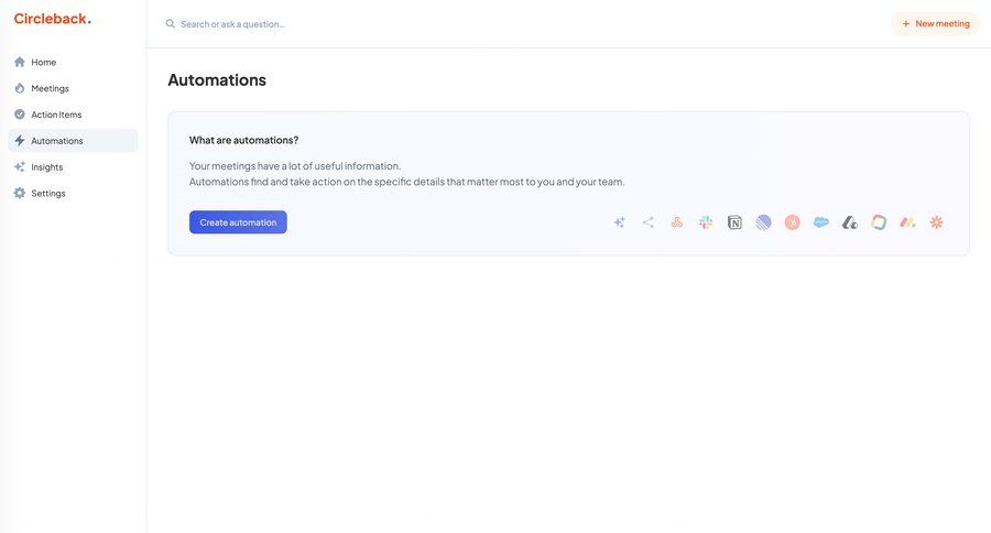 Circleback
			 settings automation sidebar integration configuration screen ui page example