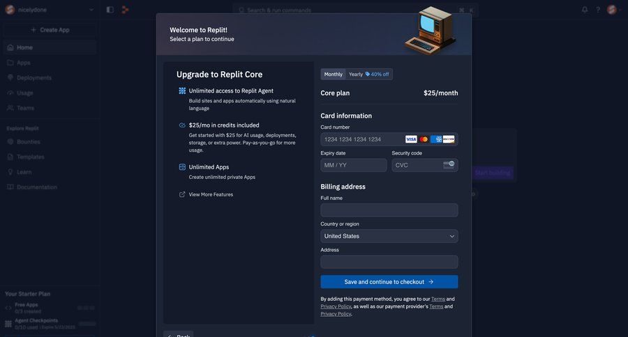Replit
			checkout plans & pricing account management form full screen modal payment method payment history pay payment options premium product packages checkout screen payment page pay bill payment confirmation payment processing ui page example