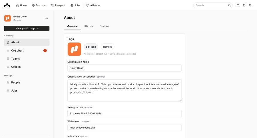 The org
			settings form company about & company mission edit settings grid form profile settings profile management profile creation ui page example