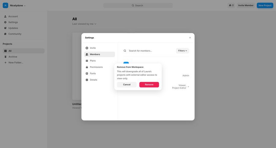 Framer
			modal & popover team settings remove teammate sidebar menu project management settings form user management sidebar navigation permissions team collaboration user permissions workspace management account management cancel action workspace settings modal confirmation ui page example