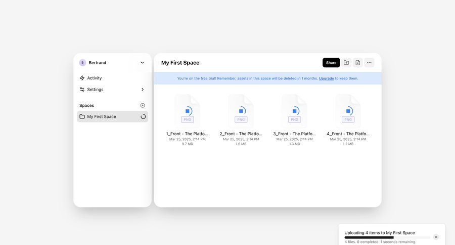 Shuttle
			 collaboration sidebar navigation grid progress indicator file upload file management upload image file list screen content hierarchy document list sidebar user profile user file uploader upload file upload media upload documents media gallery user termination media assets progress bar profile page file picker avatar upload ui page example
