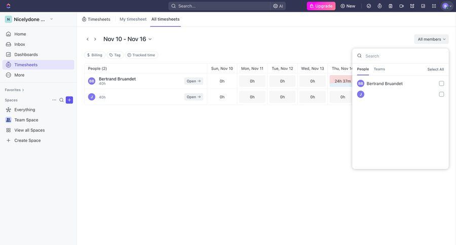 ClickUp
			 sidebar navigation project management dropdown filters radio group sidebar collaborators group members table time management ui page example