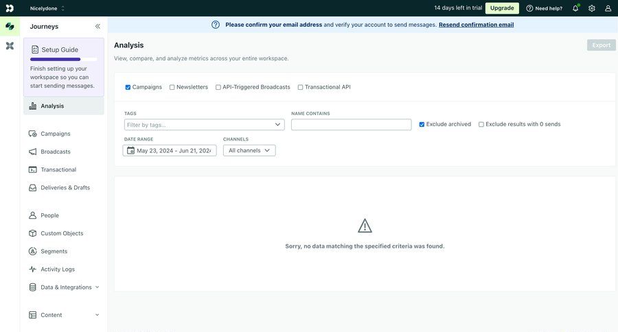 Customer.io
			 dashboard sidebar navigation data export data analysis filter controls data display data filtering trial checkout dropdown filters sidebar alert blank state void blank non-ideal state empty page prompt data visualization crm dashboard email confirmation analytics marketing analytics ui page example