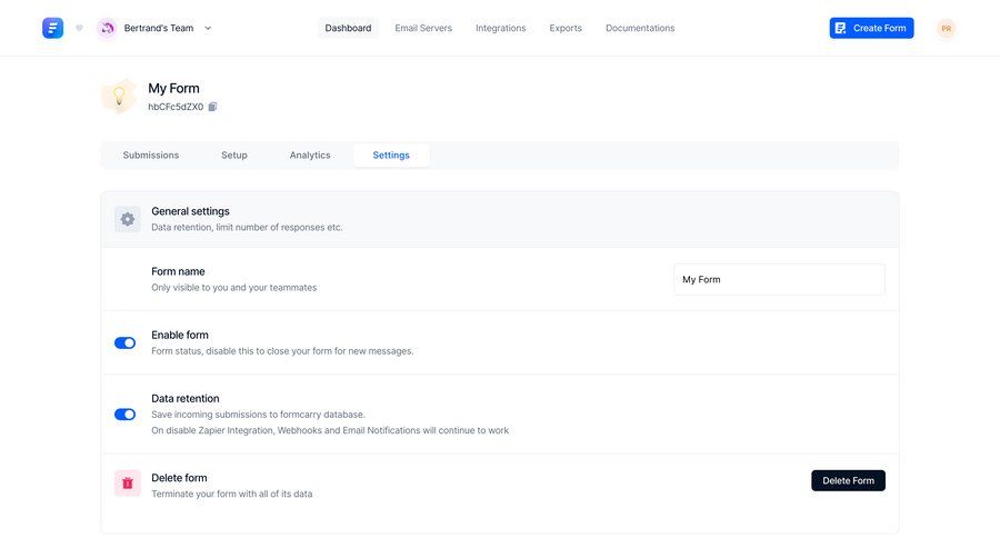 Formcarry
			 delete form data management configuration settings security ui page example