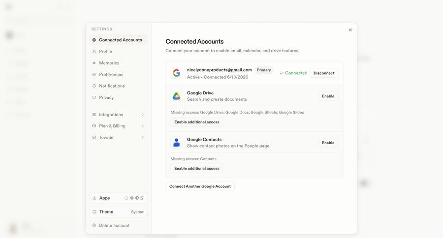 Town
			 settings account management modal dialog account settings access control integration management integration modern ui page example