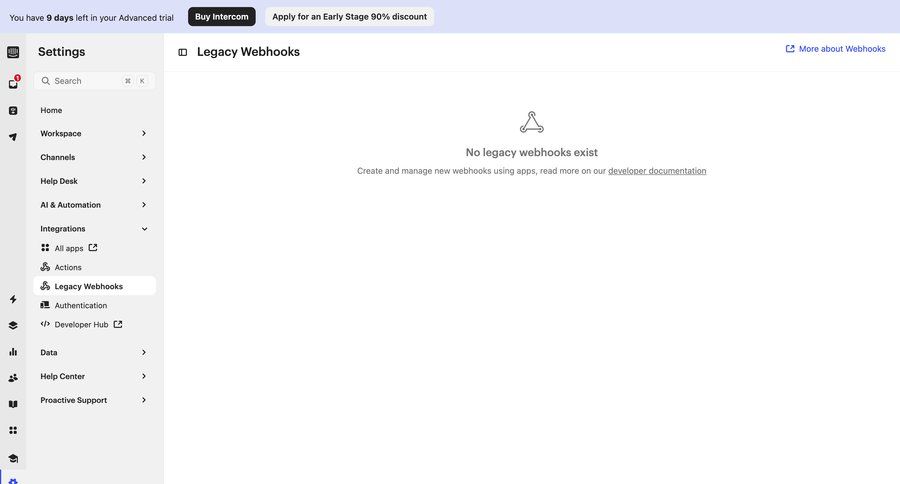 Intercom
			 configuration settings sidebar navigation navigating settings sidebar setup webhook management ui page example