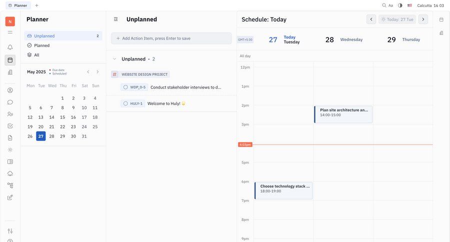 Huly
			 sidebar navigation project management grid timeline view calendar events calendar screen time management ui page example