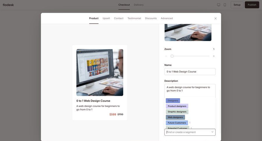 Flodesk
			 configuration e-commerce form course creation product details ui page example