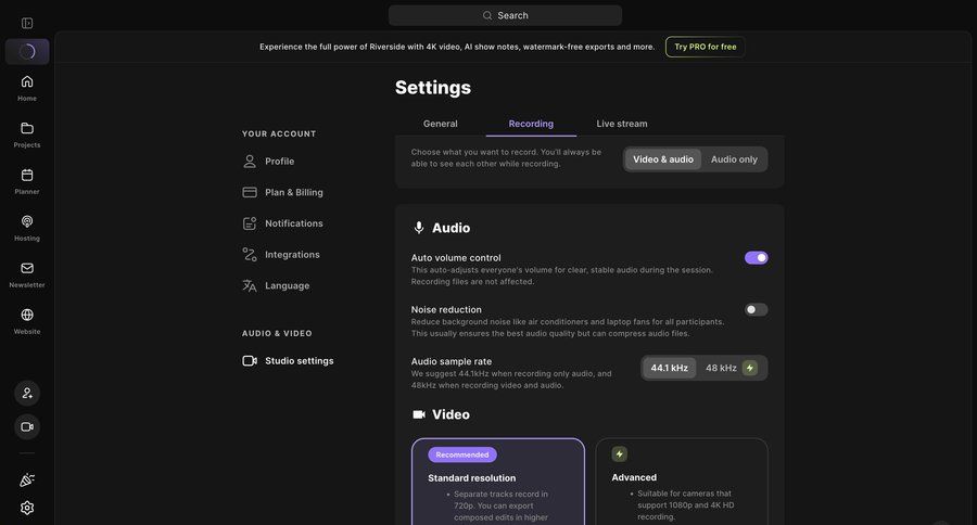 Riverside
			 audio configuration ui page example