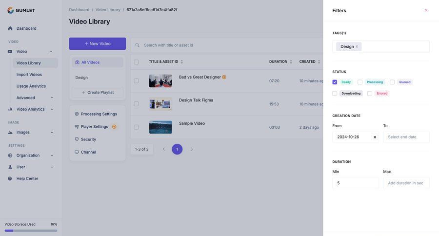 Gumlet
			 content management sidebar navigation video management dropdown filters sidebar date picker datepicker filter options table advanced search pagination ui page example