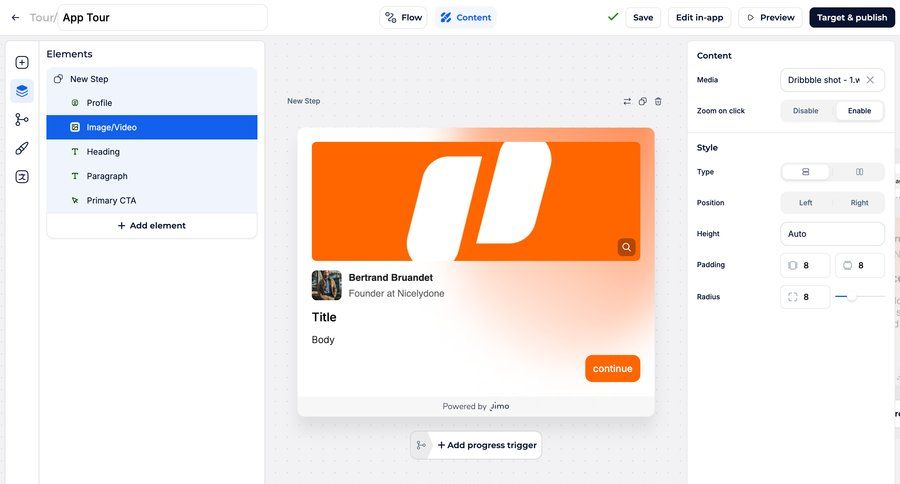 Jimo
			 content management editor real-time preview drag and drop three-column grid save changes tutorial sidebar setup on boarding upload media guided tour modern ui page example