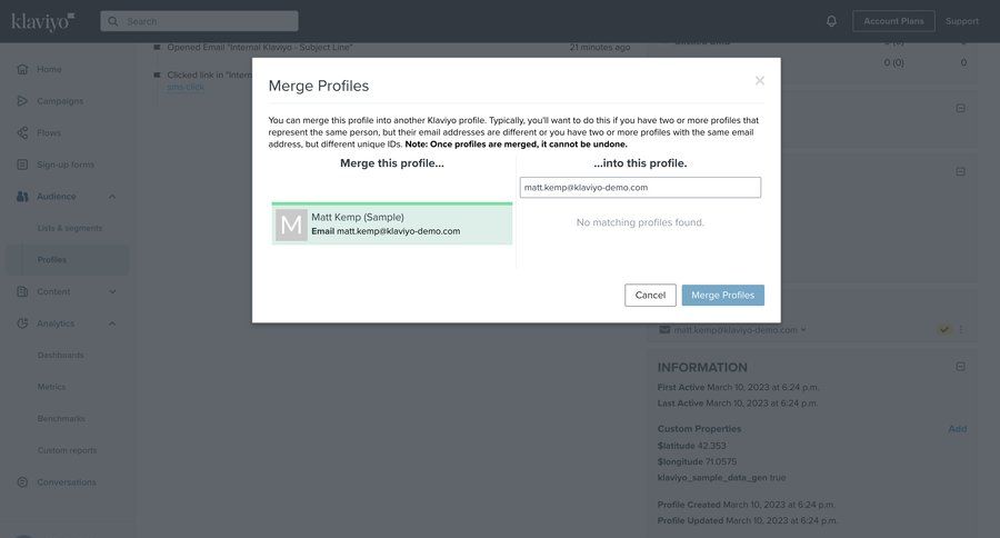Klaviyo
			 data management e-commerce account management form confirmation profile management merge newsletter signup ui page example