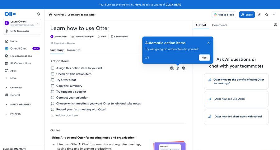 Otter
			 collaboration onboarding trial checkout call transcript tutorial sidebar setup on boarding tips guided tour modern transcript sharing ui page example