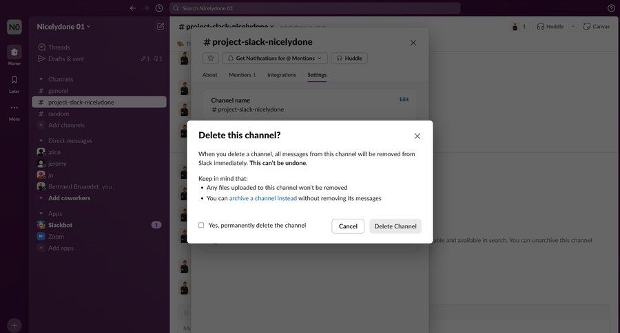 Slack
			team modal & popover delete account modal screen settings team collaboration sidebar navigation confirmation screen channel management radio group sidebar communication collaborators group members user termination confirmation message ui page example