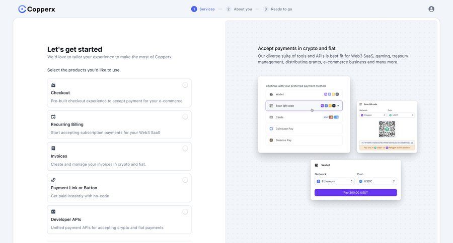 Copperx
			 modern onboarding e-commerce form fintech payment processing payment method assets saas onboarding ui page example
