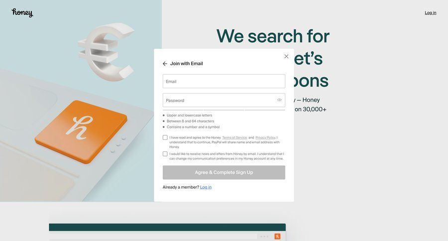 Honey
				signup page example