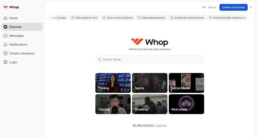 Whop
				landing page ui page example