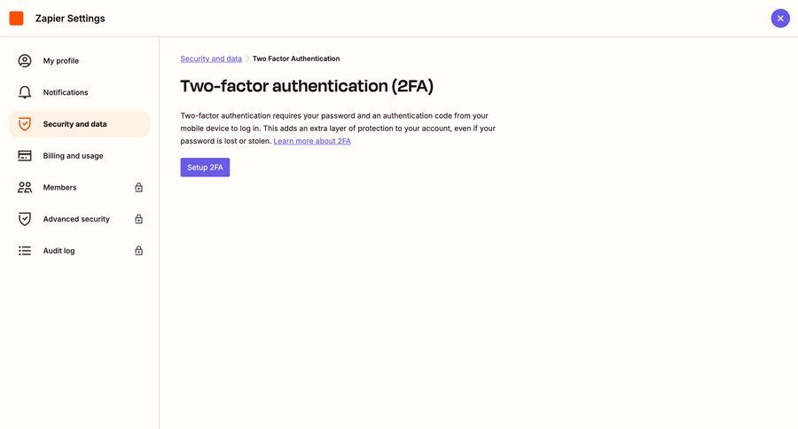 Zapier
			 configuration settings sidebar navigation account setup authentication full-screen layout sidebar security security configuration ui page example